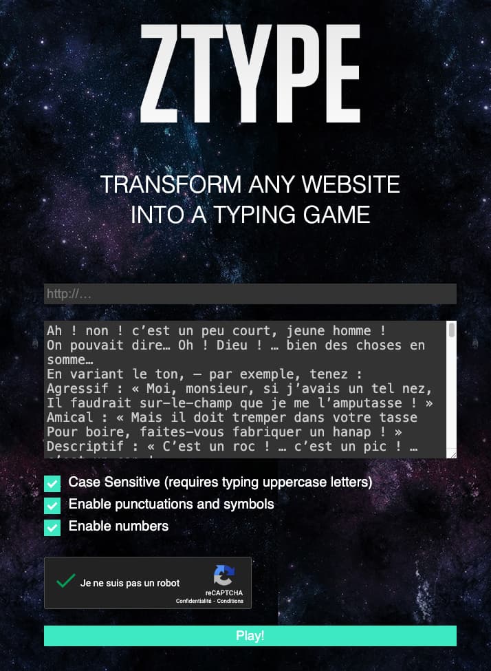 Kitcreanet les paramètres du jeu Z-Type qui permet de choisir une url ou charger un texte