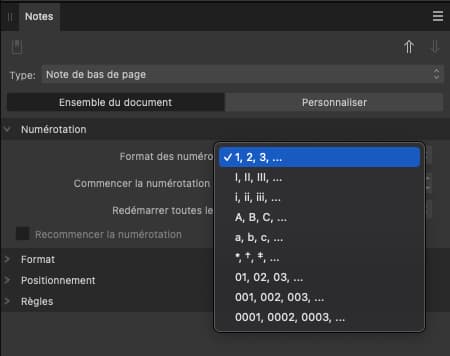 Kitcreanet Note Bdp 002 - La palette pour choisir son type de numérotation des notes dans Affinity Publisher