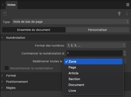 Kitcreanet Note Bdp 003 - Le menu qui permet de décider où redémarre la numérotation des notes dans Affinity Publisher.