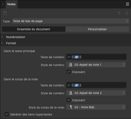 Kitcreanet Note Bdp 005 - Gros plan sur la palette qui permet de modifier le formatage des notes dans Affinity Publisher.
