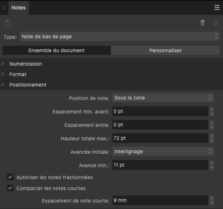Kitcreanet Note Bdp 006 - Gros plan sur la palette qui permet de modifier les options de positionnement des notes dans Affinity Publisher.