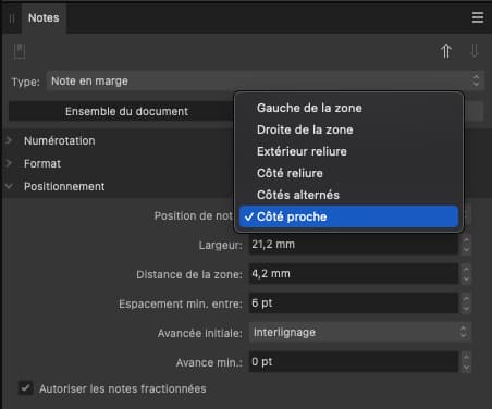 Kitcreanet Note Bdp 007 - Gros plan sur la palette qui permet de gérer les options de positionnement des notes de marge dans Affinity Publisher.