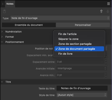 Kitcreanet Note Bdp 008 - Gros plan sur la palette d'outils qui permet de gérer le positionnement des notes de fin d'ouvrage dans Affinity Publisher.
