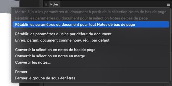 Kitcreanet Note Bdp 009 - Gros plan sur le menu qui permet de réinitialiser les notes personnalisées dans Affinity Publisher.