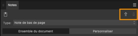 Kitcreanet Note Bdp 010 - Gros plan sur les flèches qui permettent de naviguer entre les appels de notes et les notes dans Affinity Publisher.