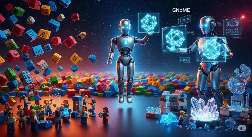 Cette image représente une vue conceptuelle de La fabrique de LEGO atomique de GNoME - Image créée par Gemini